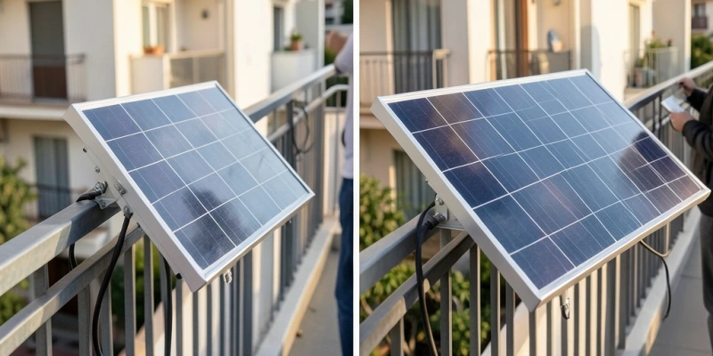 Confronto di installazione pratica su balcone: a sinistra un modulo da 400 Wp montato con inclinazione lieve su corrimano stretto; a destra un modulo da 500 Wp nella stessa posizione, con la differenza di ingombro e sporgenza visivamente evidenziata