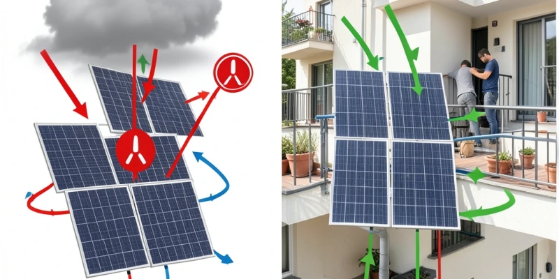 Confronto tra due scenari di ombreggiatura parziale — una stringa in serie dove un pannello ombreggiato limita tutti gli altri, e due pannelli in parallelo dove solo il pannello ombreggiato produce meno, con frecce che indicano il flusso di corrente