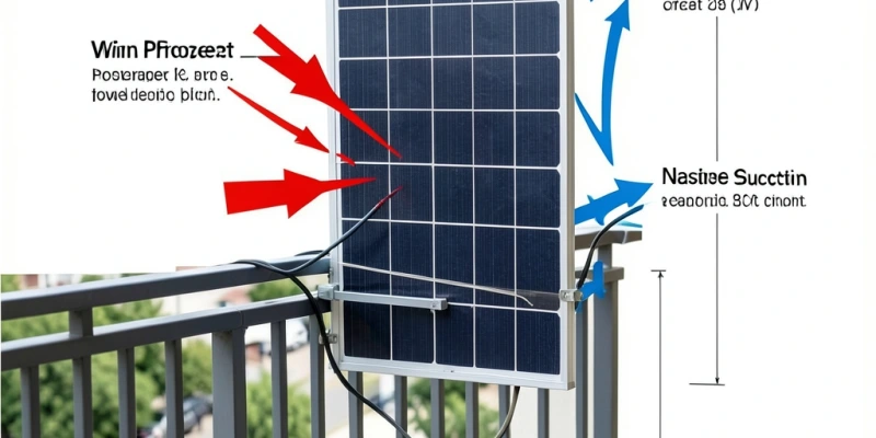 Diagramm der Windkräfte (Druck und Sog) auf ein senkrecht montiertes Modul an einer Balkonbrüstung, mit eingezeichneten Kraftvektoren