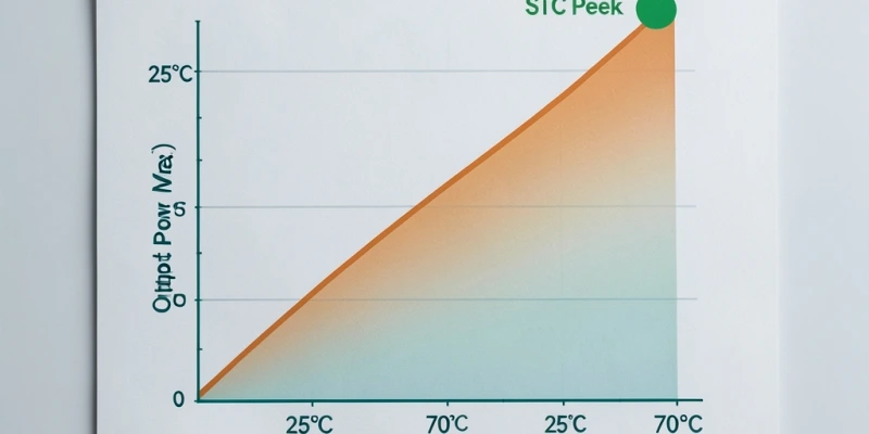 Diagramma che mostra la curva di potenza di un pannello monokristallino in funzione della temperatura della cella, con un punto di riferimento a 25 °C (STC) e la perdita progressiva fino a 70 °C