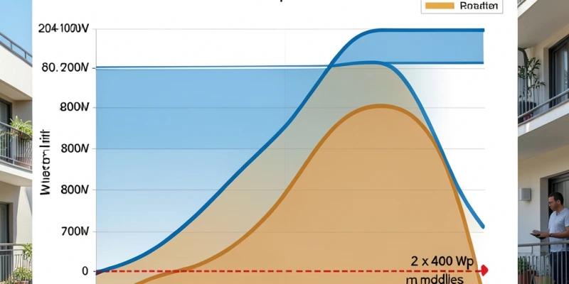Diagramma che mostra la curva di produzione giornaliera di due moduli da 500 Wp con clipping dell'inverter a 800 W, confrontata con quella di due moduli da 400 Wp senza clipping, nelle ore centrali di una giornata estiva soleggiata