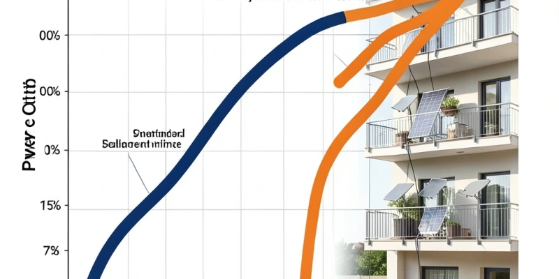 Diagramma con due curve di degradazione nel tempo – una per modulo con ventilazione adeguata e una per modulo senza ventilazione, su un arco di 25 anni, con la potenza percentuale sull'asse verticale