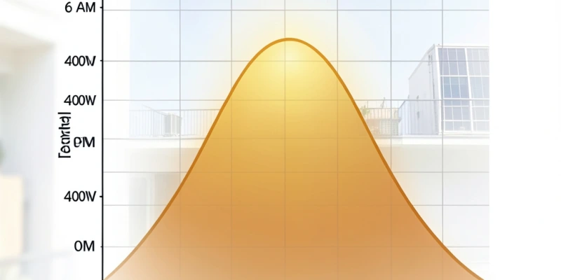 Diagramma giornaliero che mostra la potenza effettiva di un pannello da 400 Wp in una giornata estiva limpida a orientamento sud, con il picco intorno alle 12:00 e i valori ridotti nelle ore mattutine e serali