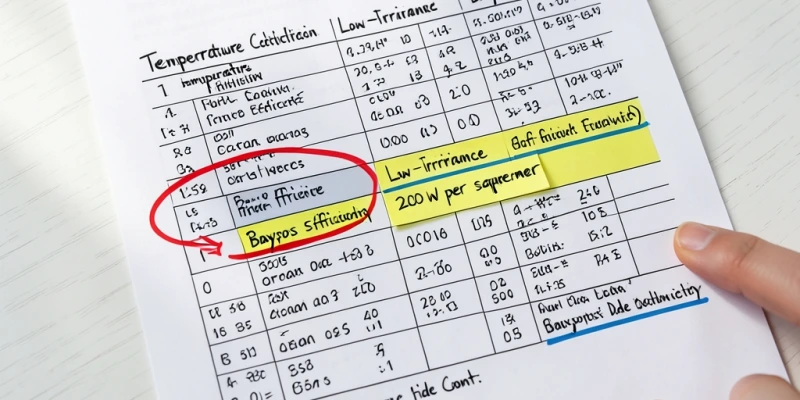 Estratto annotato di un datasheet con evidenziati i parametri coefficiente di temperatura, efficienza a 200 W/m² e numero di bypass diode