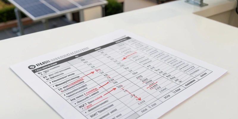 Estratto schematico di un datasheet con i parametri elettrici rilevanti per la compatibilità con l'inverter: Voc, Vmp, Isc, Impp e NOCT