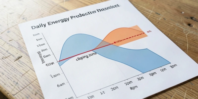 Grafico che mostra la curva di produzione giornaliera di due moduli da 500 Wp con il tetto imposto dal limite del microinverter a 800 W, evidenziando la zona di clipping nelle ore centrali della giornata