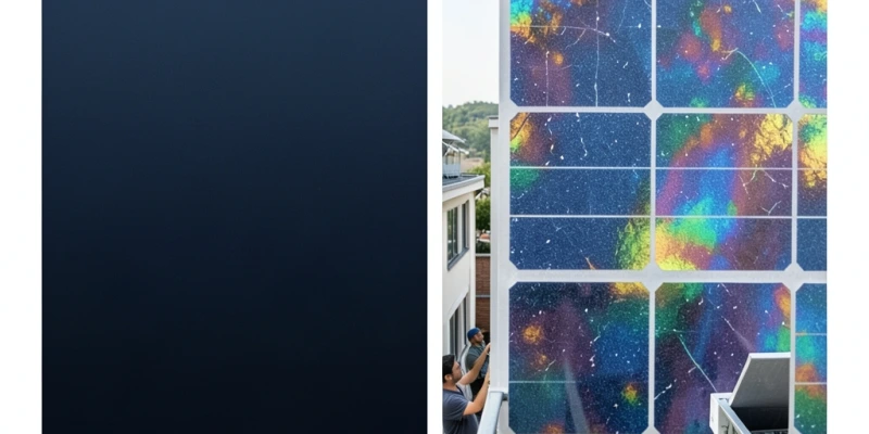 Mikrofotografie di una cella monocristallina (superficie uniforme, colore nero/blu scuro omogeneo) a confronto con una cella policristallina (superficie con riflessi cangianti e struttura a grani visibili)