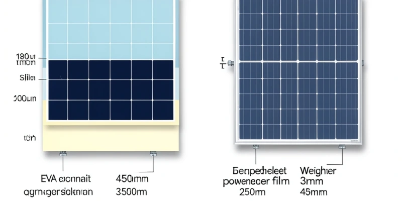 Querschnitt schematisch – links Glas-Folie-Modul mit Schichten beschriftet (Frontglas, Zellen, Rückseitenfolie), rechts Glas-Glas-Modul mit zweitem Glas anstelle der Folie – Gewichtsangaben an beiden Seiten