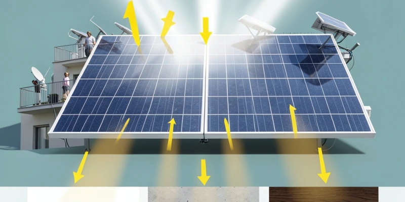 Schema che mostra il flusso della luce su un modulo bifacciale: luce diretta sul lato anteriore, luce riflessa dal pavimento sul lato posteriore, con frecce che indicano l'albedo di diverse superfici (bianco, grigio, legno scuro)