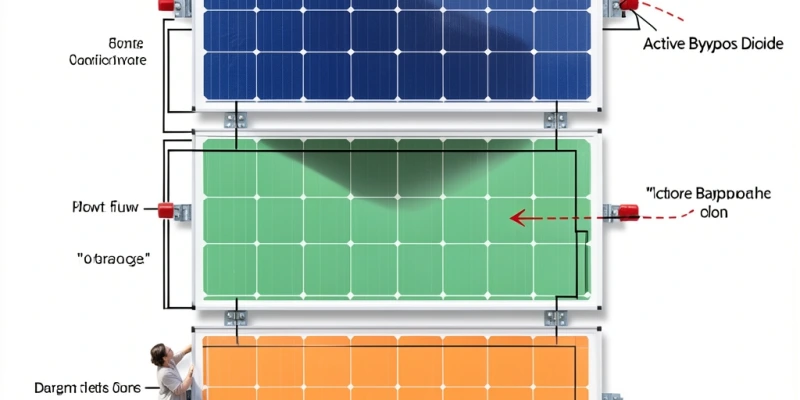 Schema che mostra la disposizione delle bypassdioden in un modulo a 60 celle suddiviso in tre sezioni, con indicazione di come un'ombra su una sezione attiva il diodo di bypass corrispondente