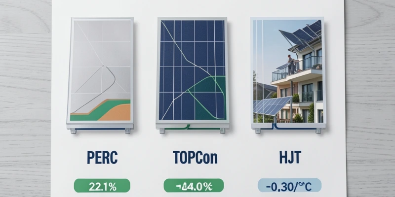 Schema comparativo di tre celle solari (PERC, TOPCon, HJT) con indicazione visiva dell'efficienza tipica STC e del coefficiente di temperatura, senza riferimenti a marchi