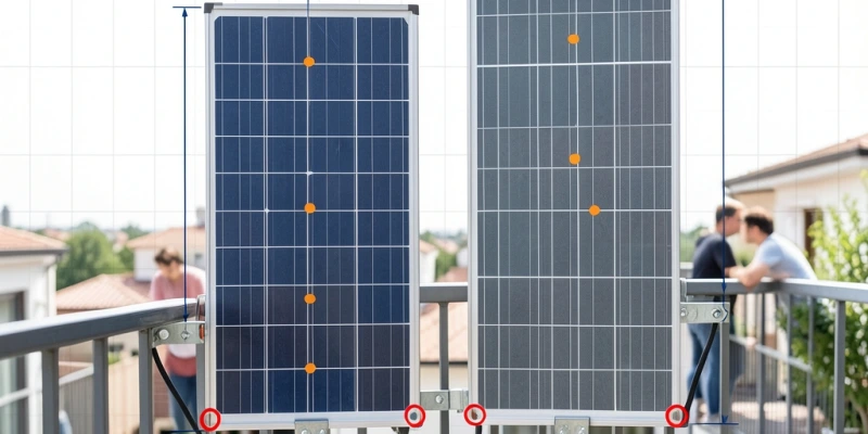 Schema comparativo tra un modulo da 400 Wp e uno da 500 Wp montati verticalmente su una ringhiera da balcone – differenza di altezza, posizione del centro di gravità, punti di fissaggio