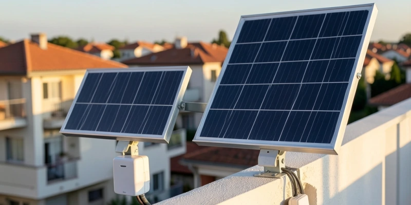 Schema comparativo tra un modulo da 400 Wp e uno da 500 Wp montati su balcone: dimensioni fisiche a confronto con le stesse condizioni di irradiazione, con evidenziazione del punto di connessione al microinverter