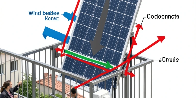 Schema di forze su un modulo montato verticalmente a ringhiera – frecce che indicano peso verso il basso, spinta del vento laterale, forze di trazione e compressione sui punti di fissaggio superiore e inferiore