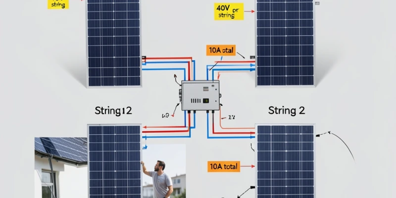 Schema di un impianto con quattro pannelli: due stringhe da due pannelli in serie, collegate tra loro in parallelo — con indicazione di tensione per stringa e corrente totale