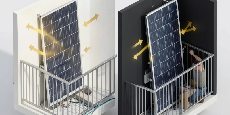 Schema di un modulo bifacciale installato verticalmente su ringhiera: frecce che mostrano la luce diretta sulla faccia anteriore e la luce riflessa dalla parete sul retro del modulo, con indicazione della variazione in base al colore della parete