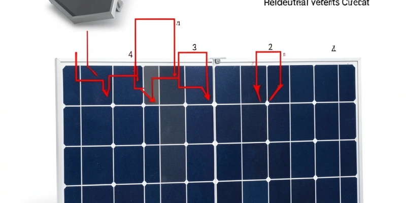 Schema di un modulo fotovoltaico con celle in serie, indicazione visiva di una cella in ombra e della corrente ridotta sull'intera stringa