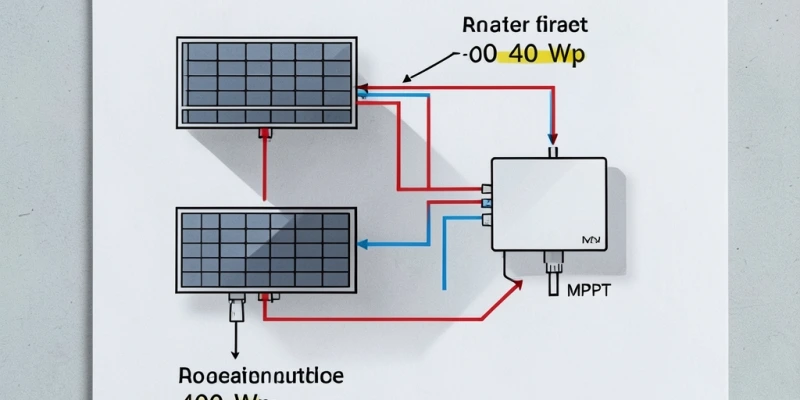 Schema elettrico semplificato che mostra due pannelli da 400 Wp collegati a un micro-inverter con un unico ingresso MPPT, evidenziando come l'ombreggiamento di un solo pannello influisce sulla stringa comune