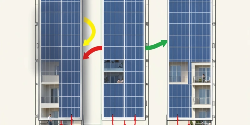 Schema interno di un modulo solare con tre stringhe di celle e tre diodi bypass, con evidenziazione della zona ombreggiata e del percorso della corrente attraverso il diodo attivato