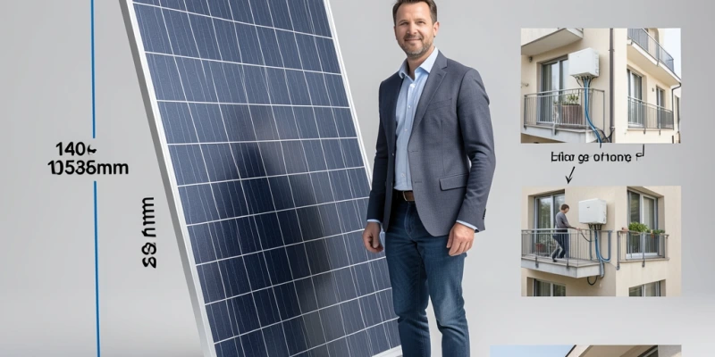 Schematische Darstellung der Abmessungen eines typischen 400-Wp-Moduls mit Höhe, Breite und Tiefe, maßstäblich zu einer Person stehend daneben