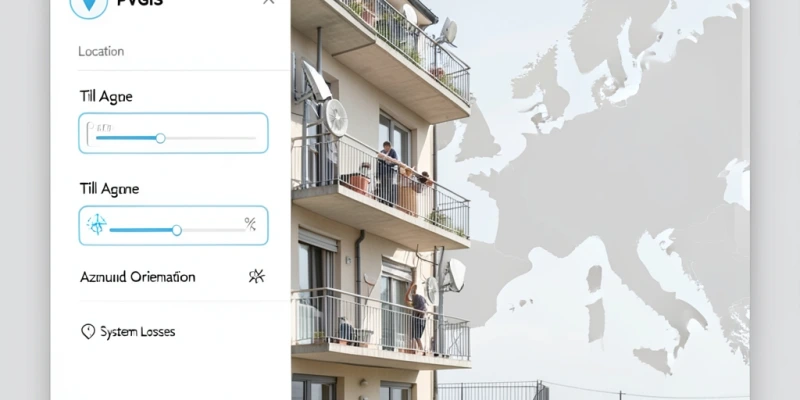 Screenshot schematico dell'interfaccia PVGIS con indicazione dei campi da compilare: localizzazione, inclinazione, orientamento, perdite di sistema – senza dati reali di utenti