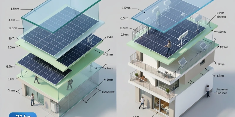 Sezione trasversale a confronto tra un modulo vetro-vetro bifacciale e uno vetro-foglio monofacciale – strati, spessore, peso indicativo per ciascuna struttura