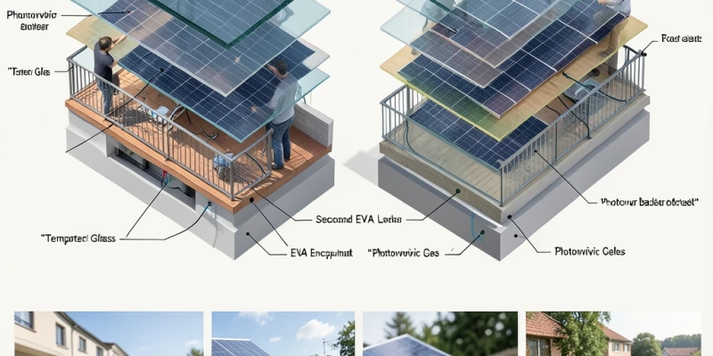 Sezione trasversale comparativa tra un modulo vetro-lamina e un modulo vetro-vetro, con indicazione degli strati: vetro, EVA, celle, EVA, lamina/vetro posteriore