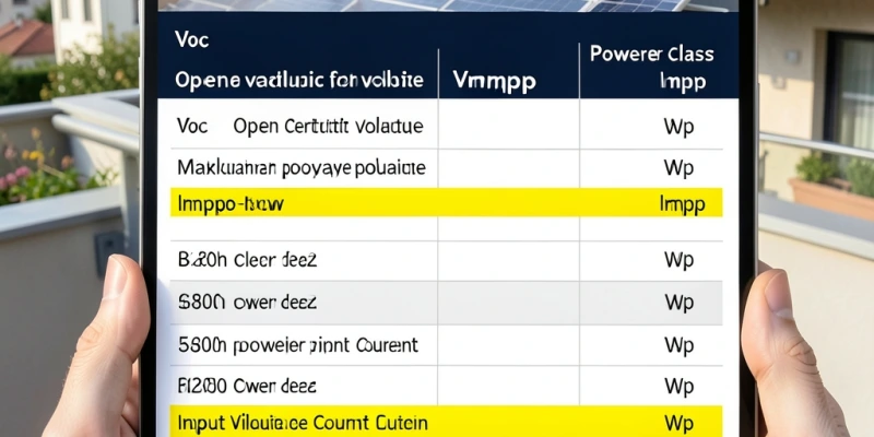 Tabelle mit typischen elektrischen Parametern (Voc, Vmpp, Impp) für Module zwischen 380 und 500 Wp, mit Markierung der typischen Eingangsgrenzen von Balkonwechselrichtern