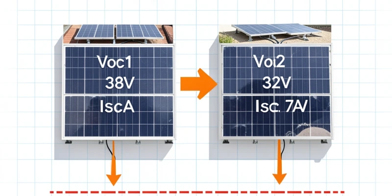 Diagramma schematico di due moduli in serie con tensioni e correnti diverse: frecce che mostrano la somma delle tensioni e il limite imposto dalla corrente minore, con etichette Voc1+Voc2 e Isc=min(Isc1,Isc2)
