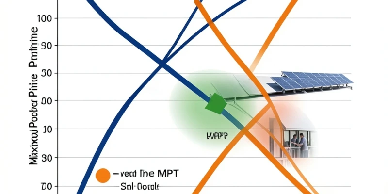 Grafico con due curve I-V sovrapposte di moduli diversi: una curva monocristallino e una policristallino, con i rispettivi punti MPP segnati e un terzo punto che mostra il compromesso dell'inverter con un solo tracker